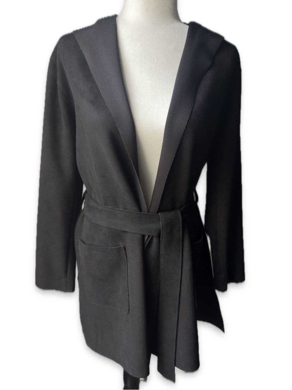 Zara Black Hooded Belted Faux Suede Coat